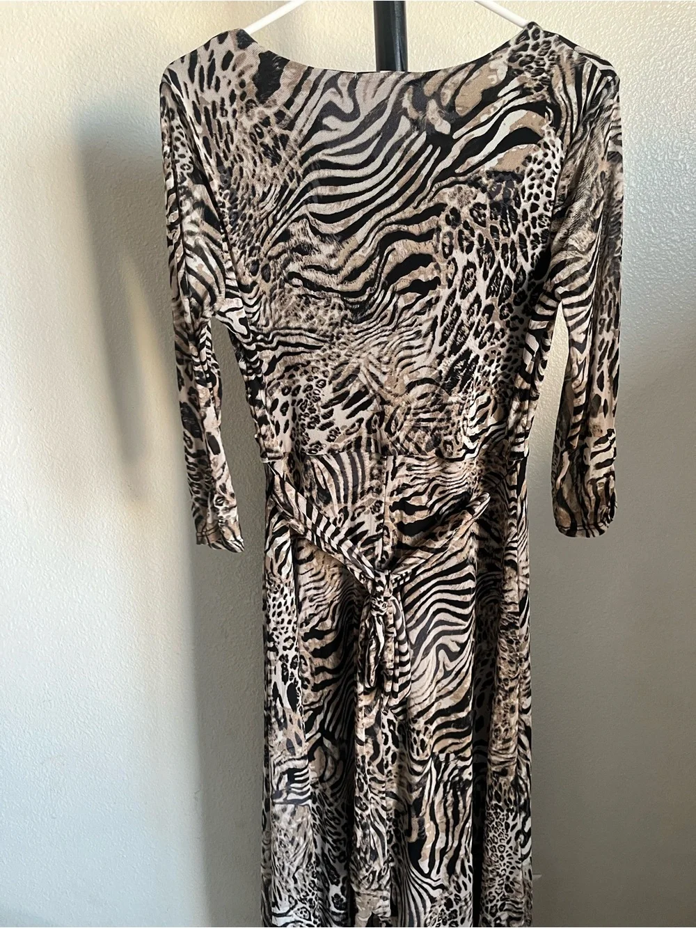 Wrap Maxi Dress in Beige & Black Animal Print with Tie Waist